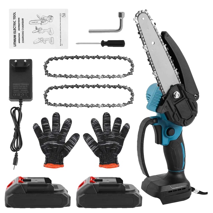 Elektromos láncfűrész, 15 cm, 800 W, 21 V, 2 akkumulátorral, 1,2 kg