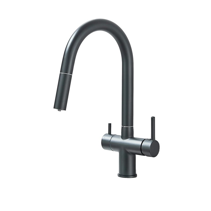 Szaniter csaptelep visszahúzható permetezővel, kettős hőmérséklet-szabályozással, modern dizájnnal, matt fekete