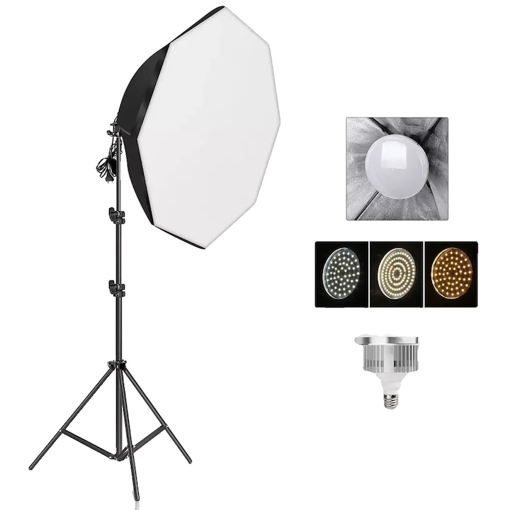Kit Softbox Octagonal 70cm, Stand de Lumina, Unghi Ajustabil, 70W, Multicolor