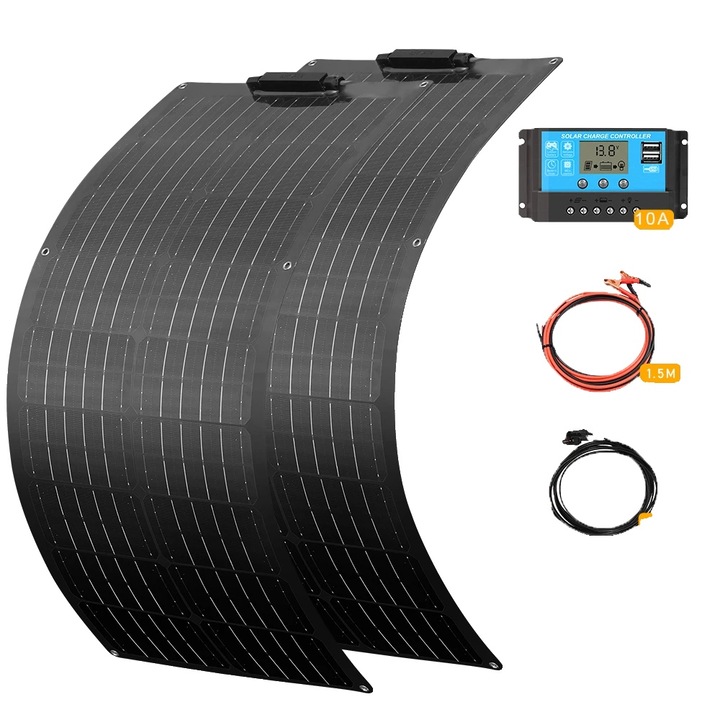Set panouri solare flexibile monocrystalline 2x50W, controller de incarcare 10A, cablu 1.5M cu clema aligator, cablu 3M cu conector PV, negru