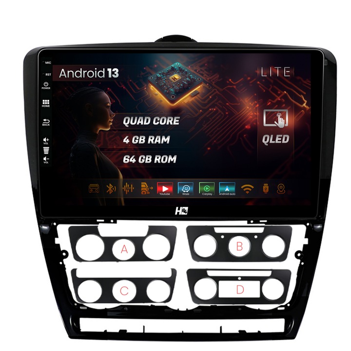 Navigatie HUB64 Skoda Octavia 2, 4GB RAM, Android 13, Quadcore, DSP, GPS, Wi-FI, Carplay, Android Auto, USB, Bluetooth, Waze, Touchscreen, 10.1 Inch v2