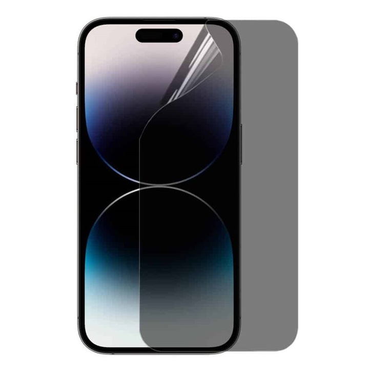 Folie Silicon Privacy pentru iPhone 16 Pro, Anti-Spy, Anti-Peeping, Regenerabila, Anti-Zgarieturi, Anti-Socuri, Ultra Subtire, Nu afecteaza sensibilitatea touch-ului, Adeziv pe intreaga suprafata, Full Screen