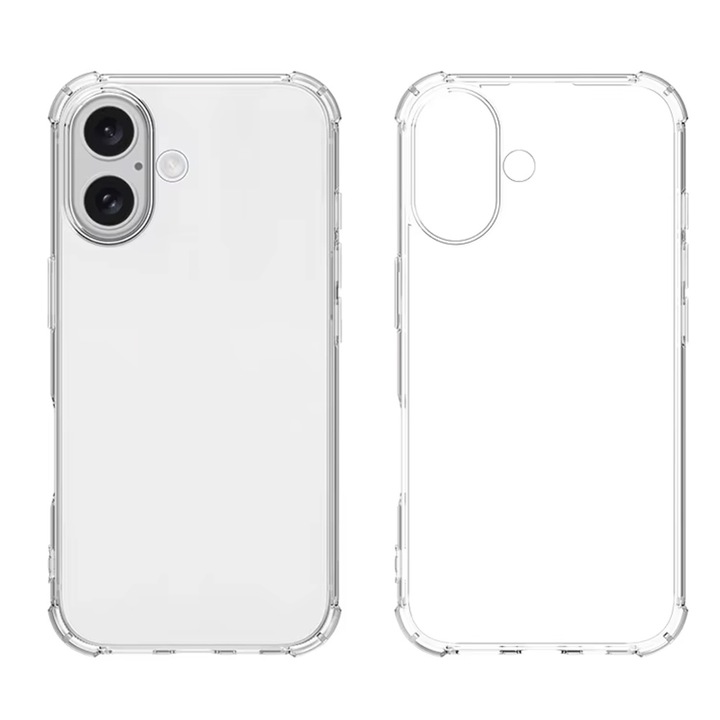 Husa silicon anti soc pentru iPhone 16 Plus, Ultra Clear, Slim, Tratament Oleofob, Protectie Camera, Protectie Ecran, Anti Zgarieturi, Transparent