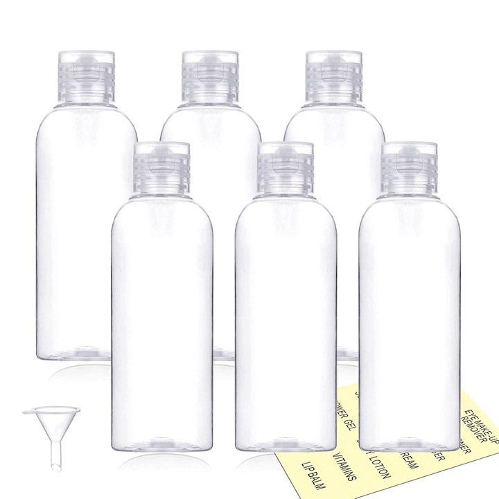 6 db üres kozmetikai tartály készlet, 100ml, átlátszó, flip-top kupakkal, 3.4oz