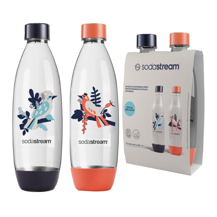Бутилки 2 бутилки, SodaStream, Fuse Birds, Tritan, 1 l, Устойчиви на висока температура, Многоцветни