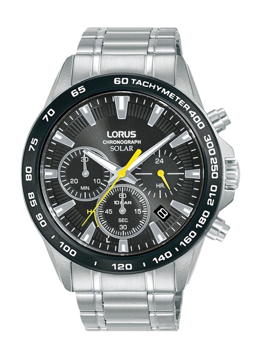 Ceas Lorus RZ507AX9, Solar, Chronograf, Tachymetru, Rezistent la Apa 10 ATM, Carcasa Argint, Cadran Negru