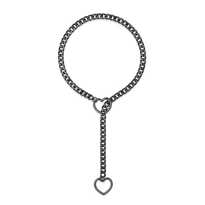 Colier de dama, SINBINTA, Inima, Stil cubanez, Nu se estompeaza, Rezistent la deformare, Hipoalergenic, Usor de purtat, Confortabil, Bijuterii hip hop si punk, Otel inoxidabil, 83cm, Negru