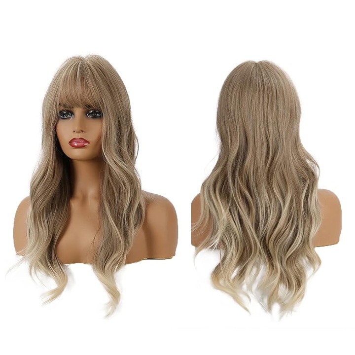 Дамска перука, SINBINTA, С бретон от естествена коса, Дишаща, Удобна подплата, Регулируема, Лесна за носене, Устойчива на топлина, Може да се пере, Многократна употреба, Мека