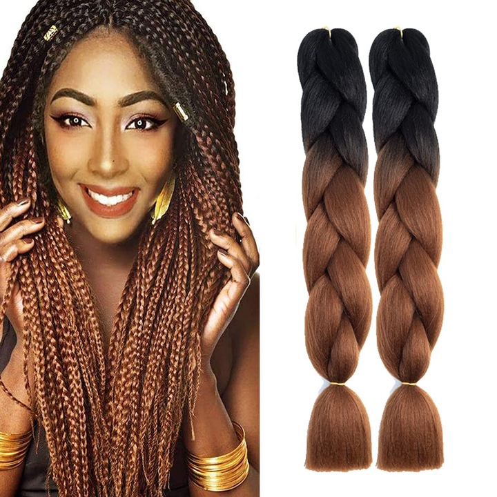 Set 2 extensii par sintetic pentru impletituri, SINBINTA, Doua Culori, Negru-Maro inchis, Ombre, Durabil, Rezistent la caldura, Usor de purtat, Pentru festivaluri, nunti, petreceri, 60cm, Poliester