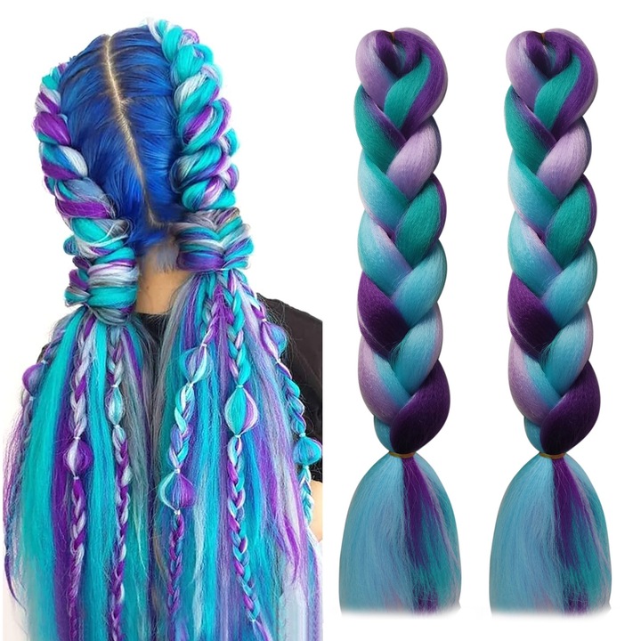 Set 2 extensii par sintetic pentru impletituri, SINBINTA, Patru culori, Violet inchis-Albastru inchis-Verde inchis-Roz inchis, Ombre, Durabil, Rezistent la caldura, Usor de purtat, Pentru festivaluri, nunti, petreceri, 60cm, Poliester