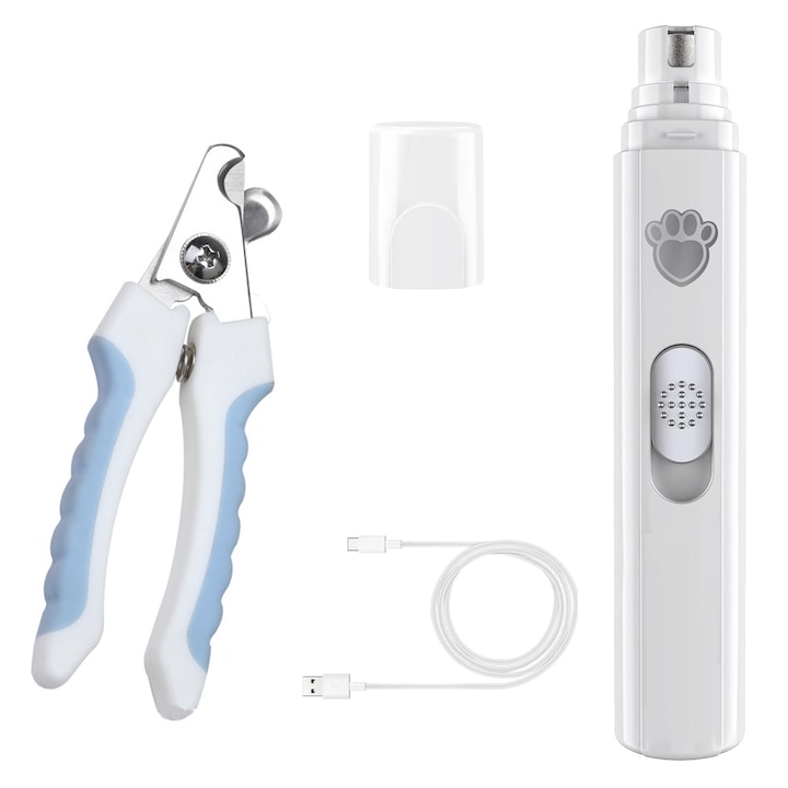 Електрическа пила за нокти за домашни любимци, SIBINTA, С машинка за подстригване и USB кабел, 6 часа живот на батерията, 2 скорости, 5000/7500 RPM, 3.7V, 500mAh, Диамант/пластмаса, 14.5×2.8cm, Бял