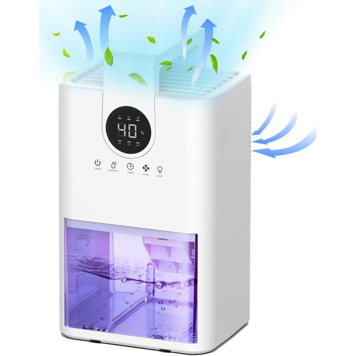 Dezumidificator Hesasa® pentru Casa, Afisaj LED pentru Umiditate, temporizator si oprire automata, Silentios 35 dB, Rezervor 1.0L, 15 m³/h, 300ml/24h, lumina LED in 7 culori, Oprire automata atunci cand apa este plina, Potrivit pentru birou, Dormitor, Alb