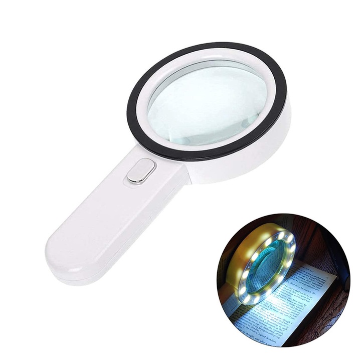 Lupa mare cu 13 lumini LED, SINBINTA, Verificare UV, Obiectiv mare de 125 mm, Marire 30x, Design ergonomic, Pentru harti, electronice, miniaturi, bijuterii, Acril, 125x235mm, Alb/Negru