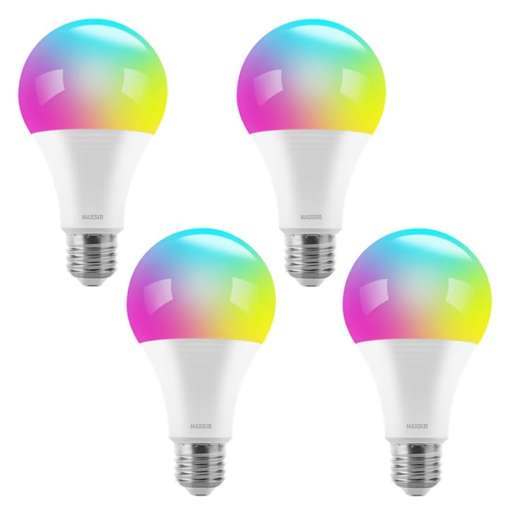 Пакет от 4 смарт RGB LED крушки, NAXSIR, С дистанционно управление, E27, 10W, бяла и цветна светлина (2700-6500K), енергиен клас F