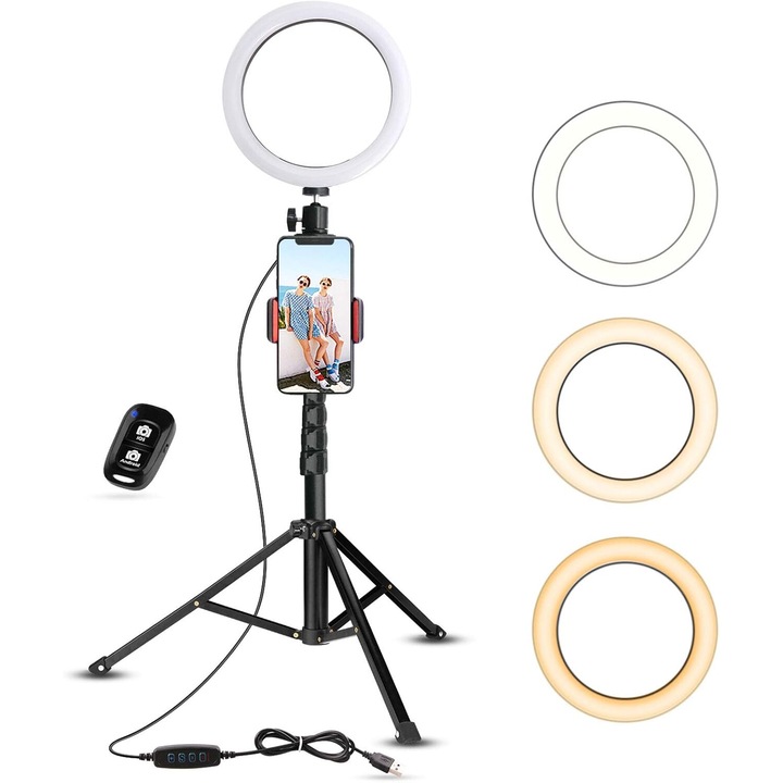 Lampa Ring Selfie Enforose cu Stativ Flexibil, Dimmabil, 33 Optiuni de Iluminare, 17.5x51inch