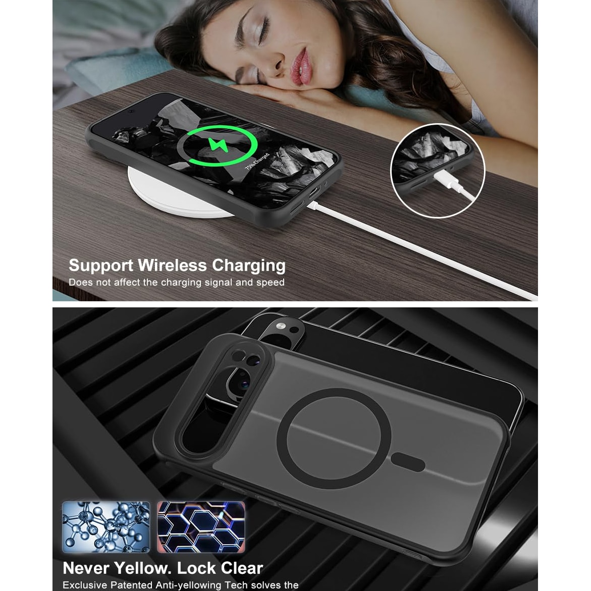 Husa pentru telefon, compatibila cu Google Pixel 9/9 Pro, suport pentru incarcare wireless, negru