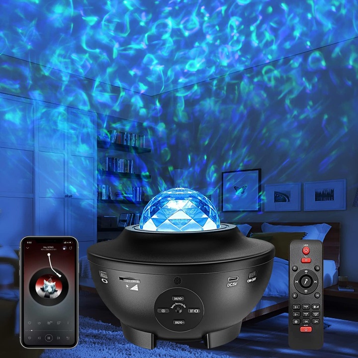 Proiector LED cer instelat HERUSI, 10 culori, Bluetooth, 3 niveluri luminozitate, 4 setari viteza, telecomanda