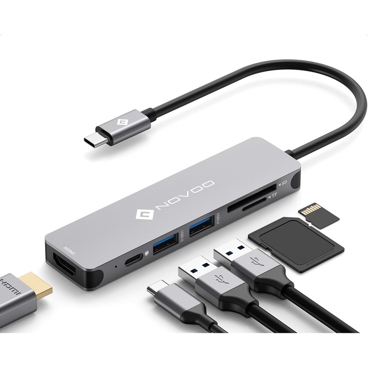 NOVOO HUB USB C 6-in-1, Adaptor USB C la HDMI cu afisaj 4K UHD, Transfer date 5Gbps, Cititor de carduri SD/TF de mare viteza, Adaptor USB C la USB pentru MacBook Pro/Air M1/M2, Dell, HP, Lenovo, ASUS, Acer, Laptopuri Windows