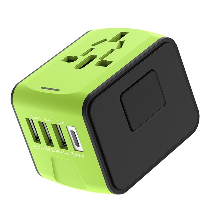 Adaptoare de calatorie, universal, 4 sloturi de incarcare, verde, 6.8x5.3x5.3cm