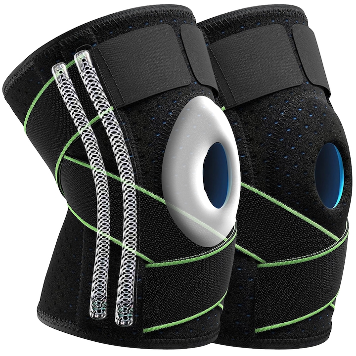 Set 2 genunchiere medicale cu bretele elastice, Genunchiera Kimystam, Bandaj pentru genunchi cu compresie respirabila, Benzi Ajustabile, Prindere Velcro, Activitati sportive, Marime Universala, Burete EVA, Negru