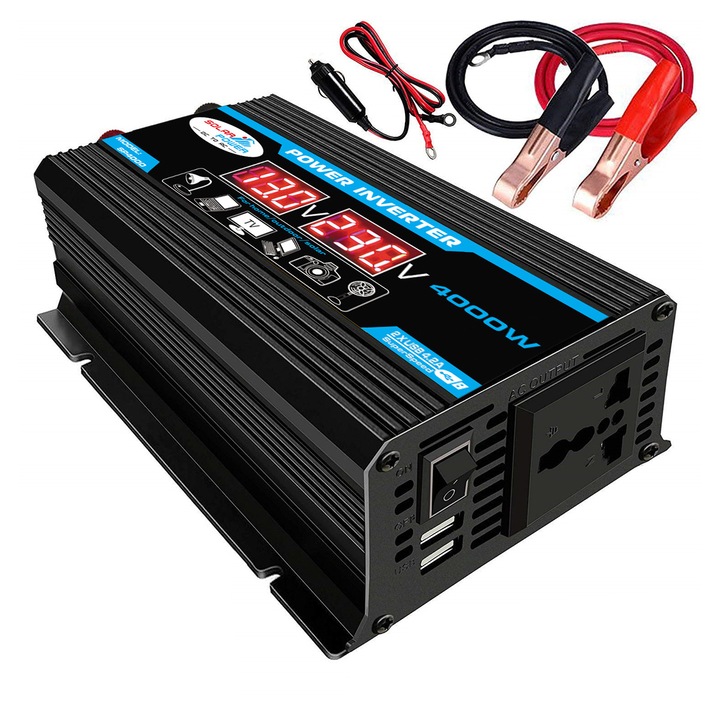 Автомобилен инвертор 12V-220V 4000W с дистанционно и два AC контакта, размери 161x112x56mm, защита от претоварване