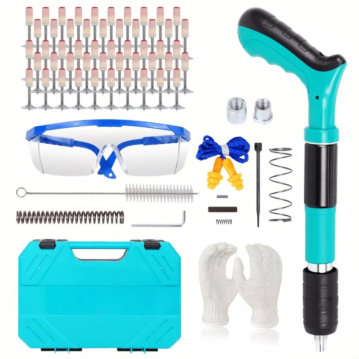 Pistol manual pentru fixarea cuielor, rivetelor, niturilor in perete, tavan, lemn, fier, cutie, accesorii, 100 cuie incluse, albastru