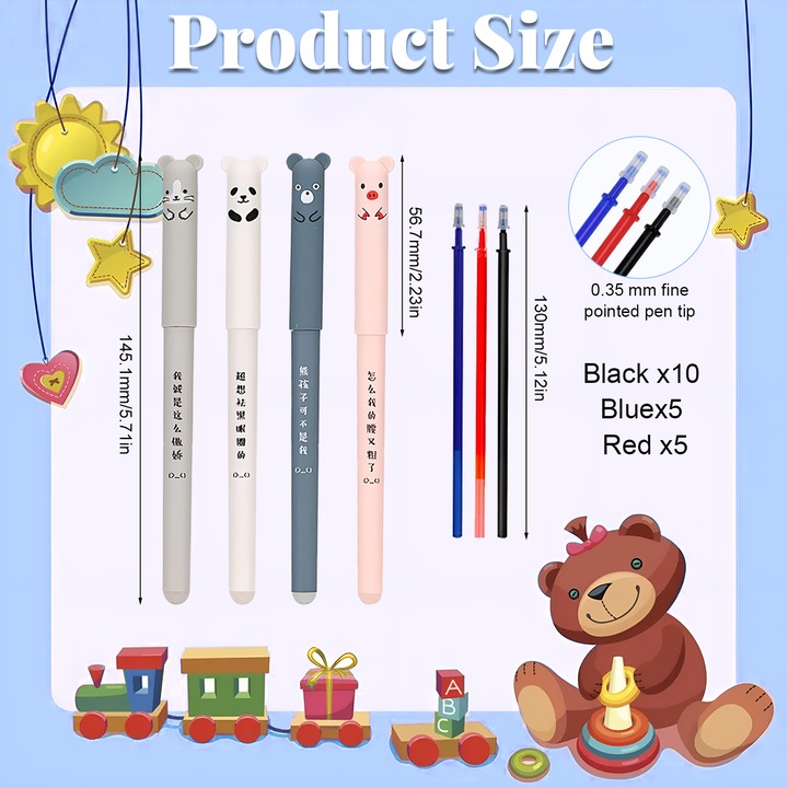 Комплект от 4 химикалки за изтриване с 20 пълнителя, анимационен дизайн на животни, многоцветни