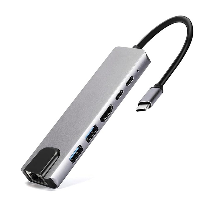 USB C хъб 6 в 1, мултипорт, HDMI 8K, Ethernet 1Gbps, USB 3.0, зареждане 100W