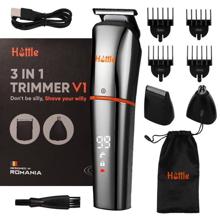 Masina de Tuns si Aparat de Tuns HOTTLE™ Profesional 7 in 1, Trimmer, Rezistent la Apa IP66, Accesorii Diverse, Lame Auto-Ascutite, USB, Afisaj LCD, Pentru Par, Barba, Nas, Corp, Design Ergonomic, Baterie 1000 mAh, Portabil, Multifunctional