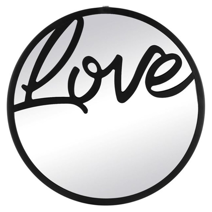 Огледало за стена, Декоративно, Метално, надпис Love, 30 см, Черен