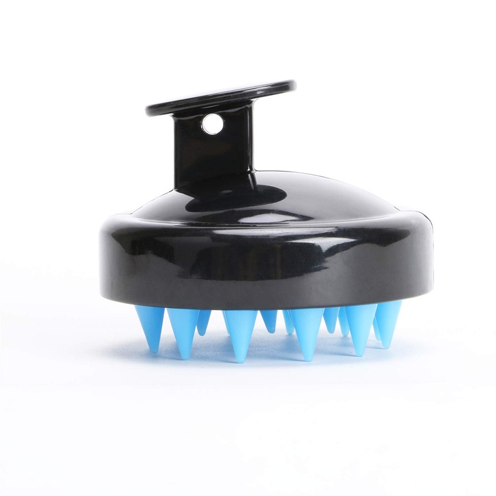 HERUSI fejbőr masszírozó kefe, puha szilikon, fekete, ergonomikus, 15x7cm
