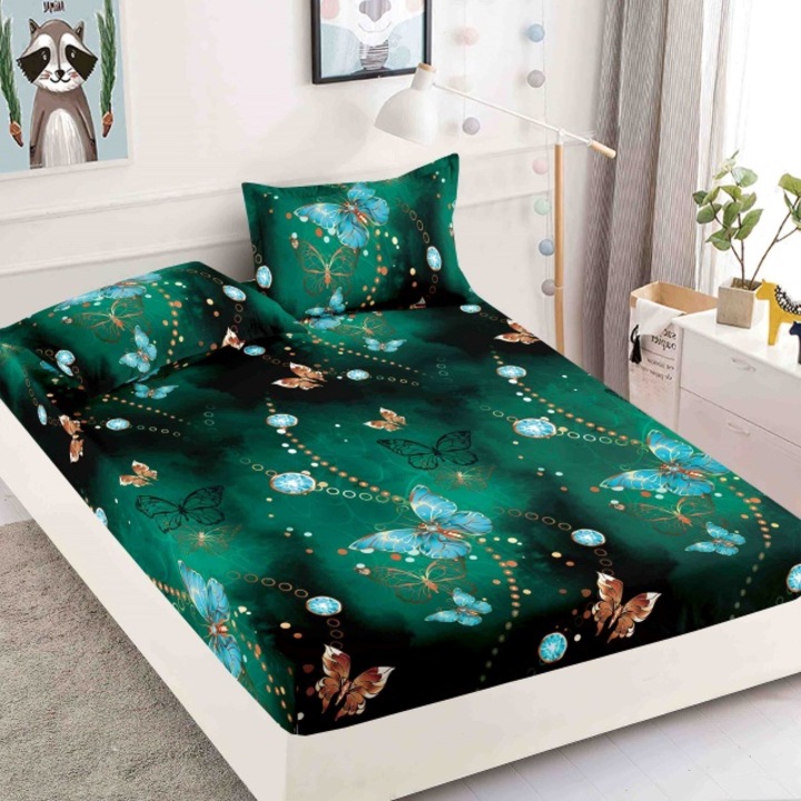 Husa de pat dublu, cu elastic, Jojo Home, Finet, 3 piese, 2 persoane, 180x200cm, Imprimeu Verde Smarald