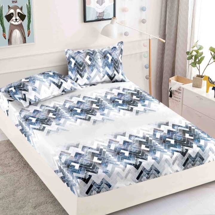Husa de pat dublu, cu elastic, Jojo Home, Finet, 3 piese, 2 persoane, 180x200cm, Imprimeu Abstract, Alb-Bleumarin