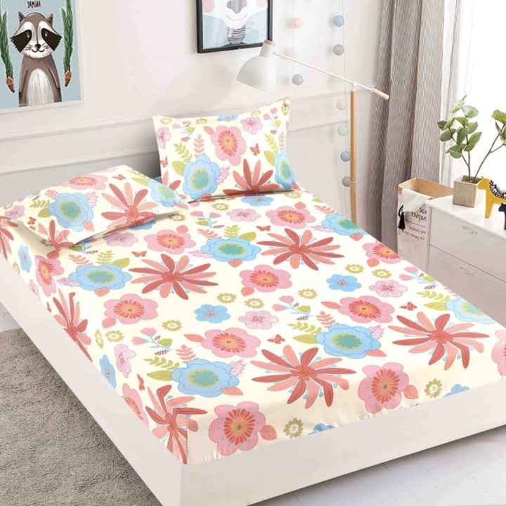 Husa de pat dublu, cu elastic, Jojo Home, Finet, 3 piese, 2 persoane, 180x200cm, Imprimeu Flori Pastel, Multicolor