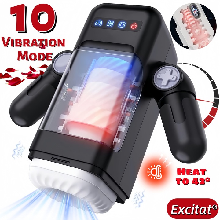 Masturbator electric pentru barbati, EXCITAT®, 10 moduri de impingere si vibratii, incalzit la 42 de grade, pentru dimensiuni diferite, rezistent la apa, negru