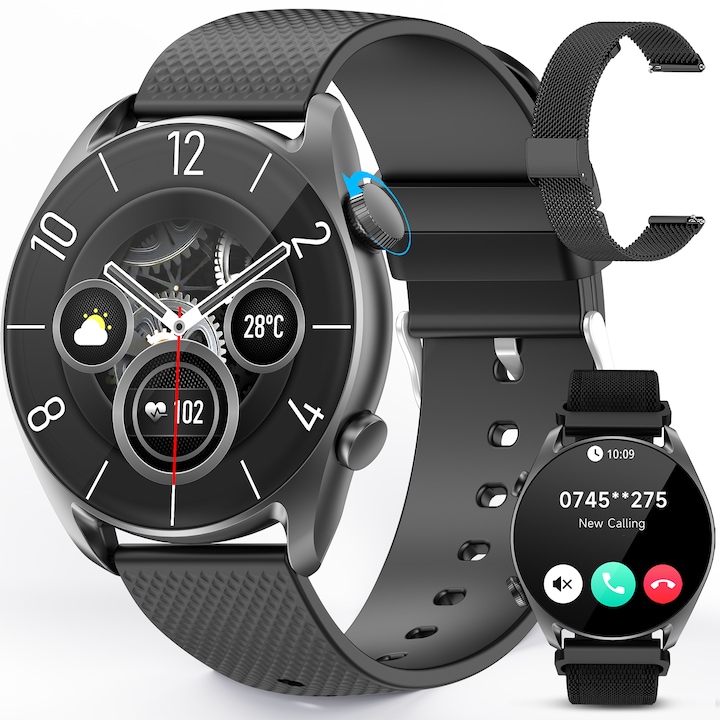 Часовник Techmoon®, Фитнес, Спорт, Bluetooth разговори, 1.43'' Amoled сензорен екран, Мониторинг на физическа активност и сърдечен ритъм, SpO2 оксиметър, Сън, Педометър, Калории, Спортни режими, 3 гривни, Румънски, Български, Унгарски език, Черен