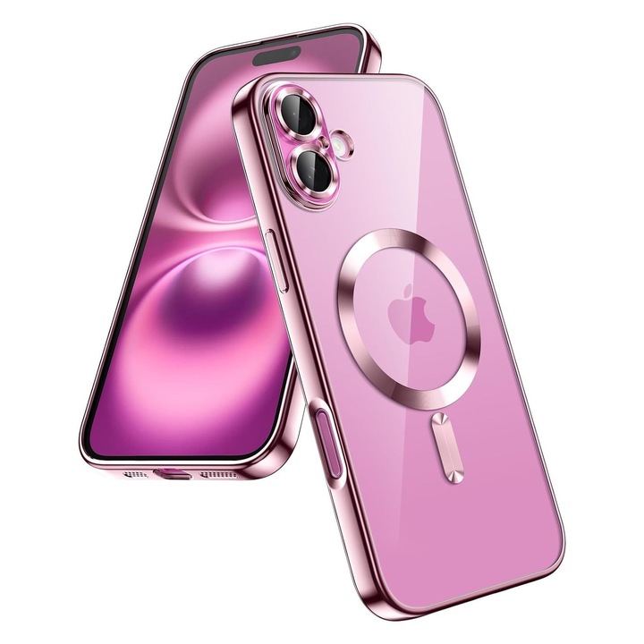 Husa pentru iPhone 16 Plus, Luxe Armor, Magsafe, Protectie camera, Silicon, Transparent, Roz