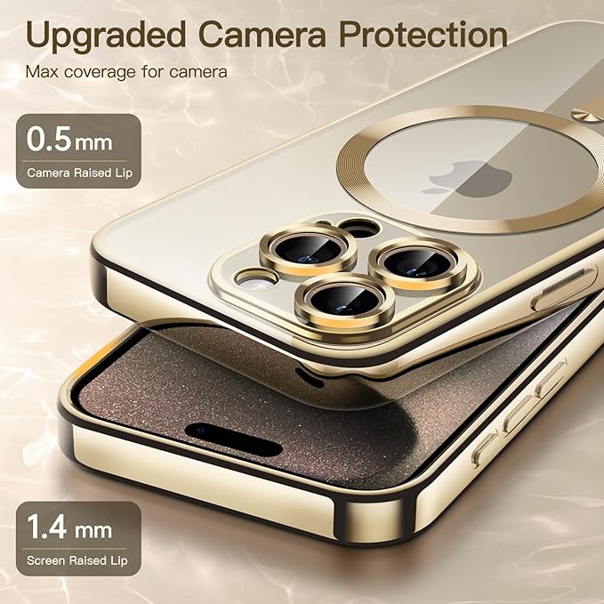 Husa pentru iPhone 16 Pro Max, Luxe Armor, Magsafe, Protectie camera, Silicon, Transparent, Auriu