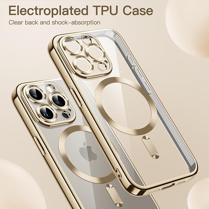 Husa pentru iPhone 16 Pro Max, Luxe Armor, Magsafe, Protectie camera, Silicon, Transparent, Auriu