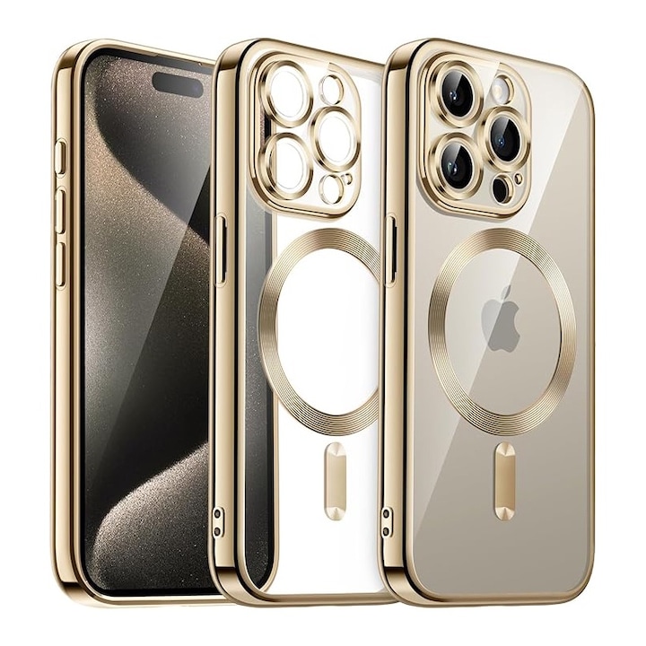 Husa pentru iPhone 16 Pro Max, Luxe Armor, Magsafe, Protectie camera, Silicon, Transparent, Auriu