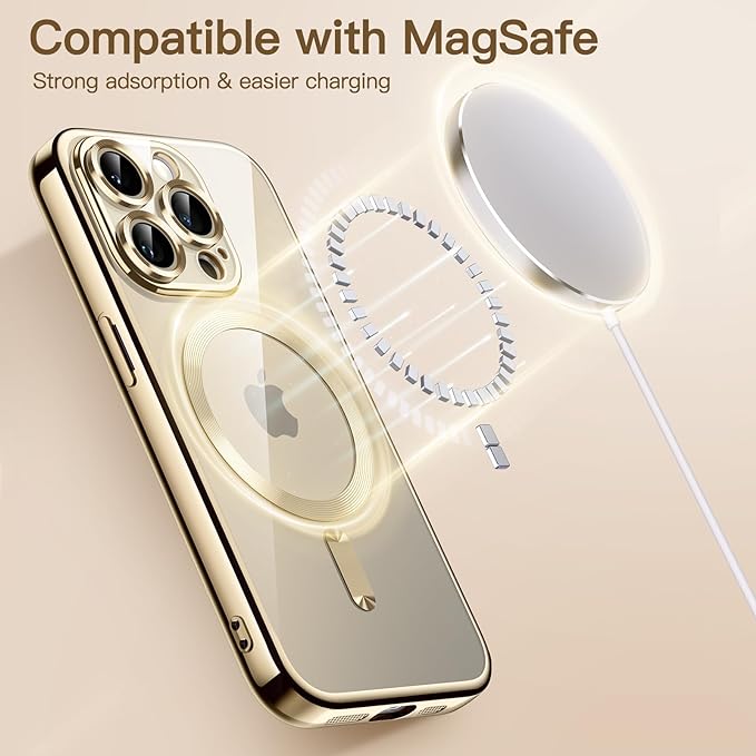 Husa pentru iPhone 16 Pro Max, Luxe Armor, Magsafe, Protectie camera, Silicon, Transparent, Auriu