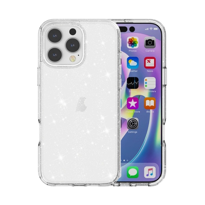 Кейс за iPhone 16 Pro Max, Sparkle Armor, Glitter, Пълна защита, Прозрачен