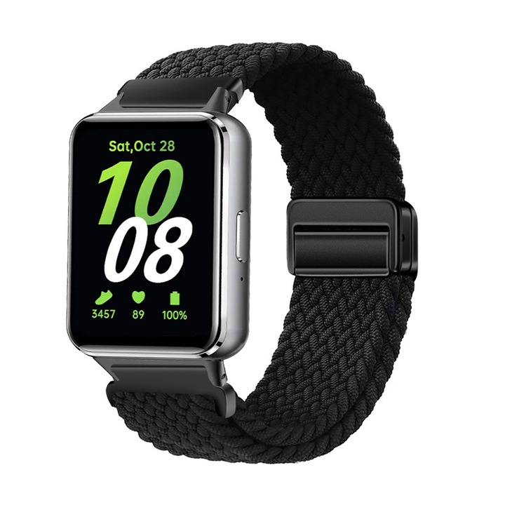 Bratara compatibila Samsung Galaxy Watch Fit 3, nailon elastic, inchisa cu magnet, neagra