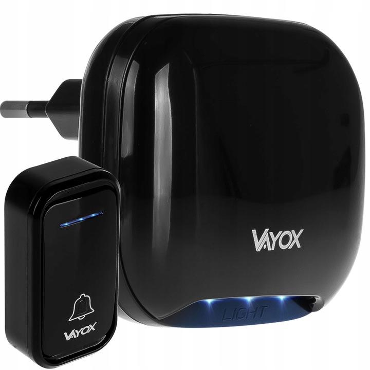 Vezeték nélküli csengő / Vayox VA0286, 38 dallam, Távolság 130m, gomb elemekkel működik, Otthoni tápegység, Fekete