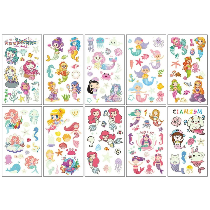 Tatuaje temporare HERUSI set 10 foi, stralucitoare, multicolor, 10x15cm