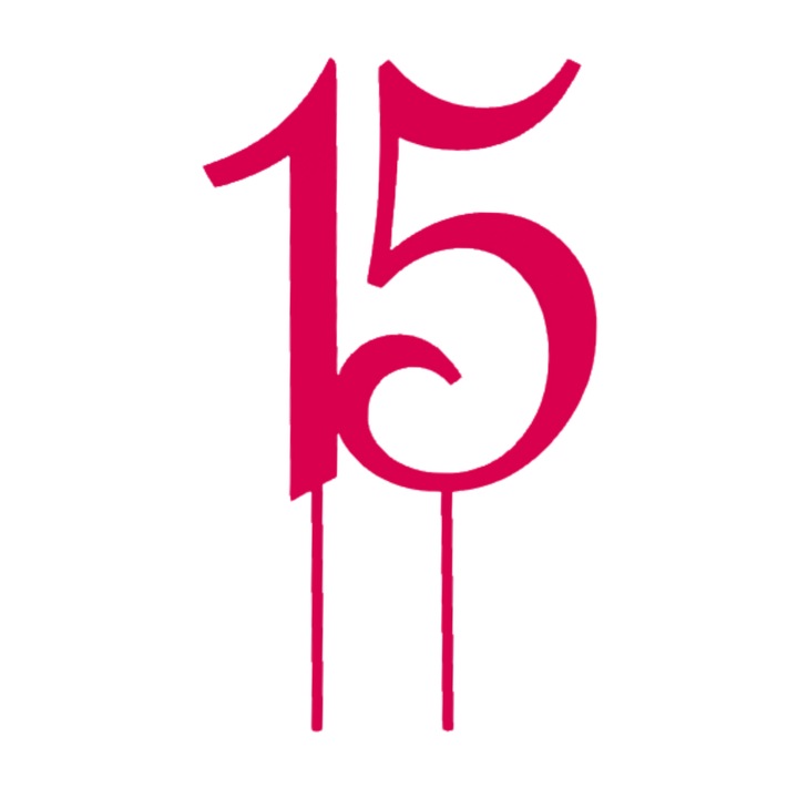 Топер за торта, "15", Рожден ден, 150 X 88 mm малиново розово