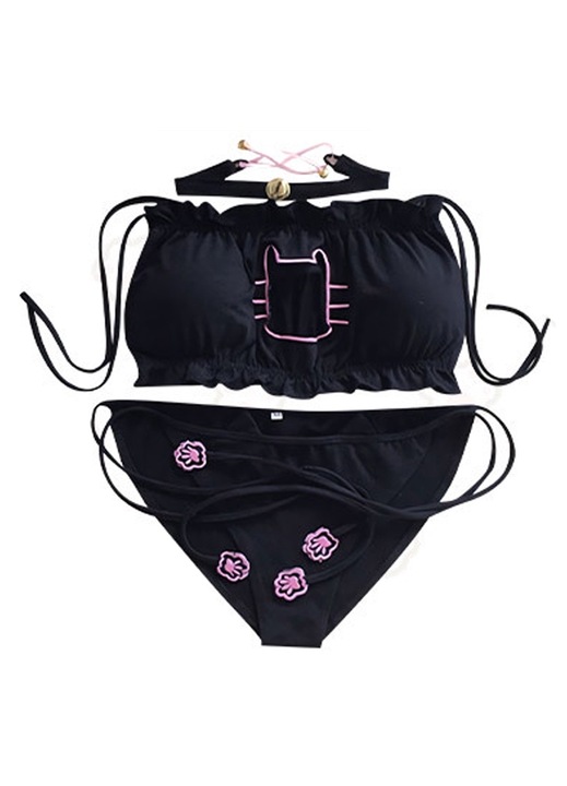 Costum sexy erotic, BGHYHYHI, lenjerie cosplay, design brodat cu pisica, negru, set 3 piese