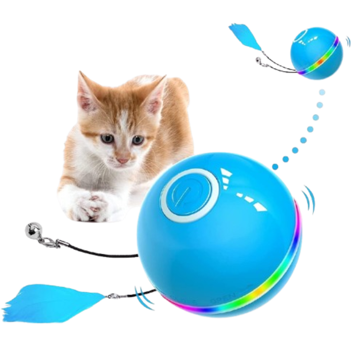 Minge interactiva pentru pisici, AMRNUGL, ABS, lumini LED, rotire 360°, albastru, 6.5cm