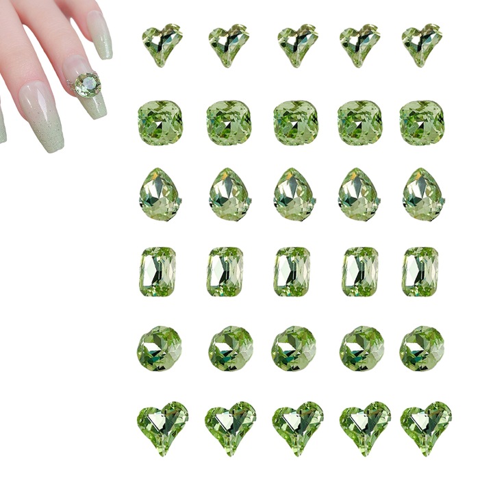 Cristale unghii HERUSI 30 piese verde 3D