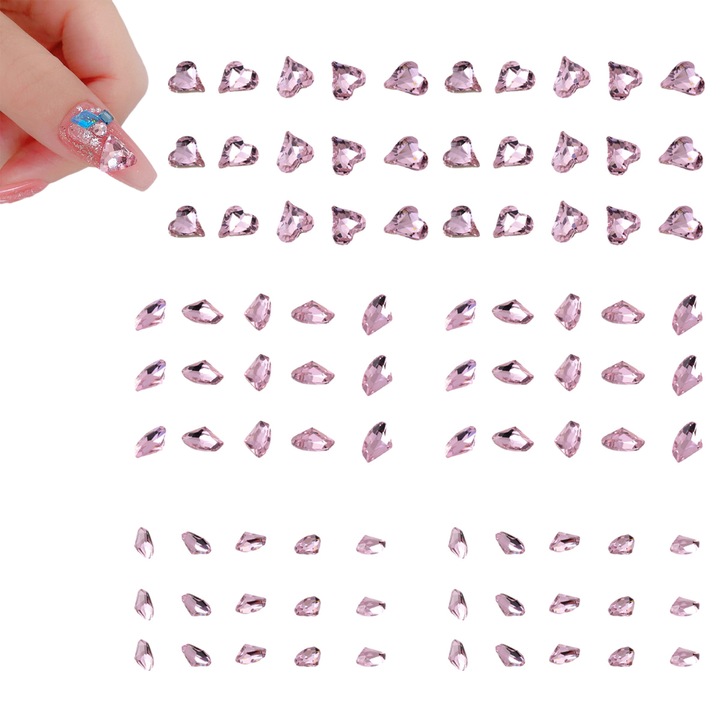 Set 90 Piese Strasuri Cristal pentru Unghii, AMRINUGL, Roz, Diverse Forme, Material Sticla